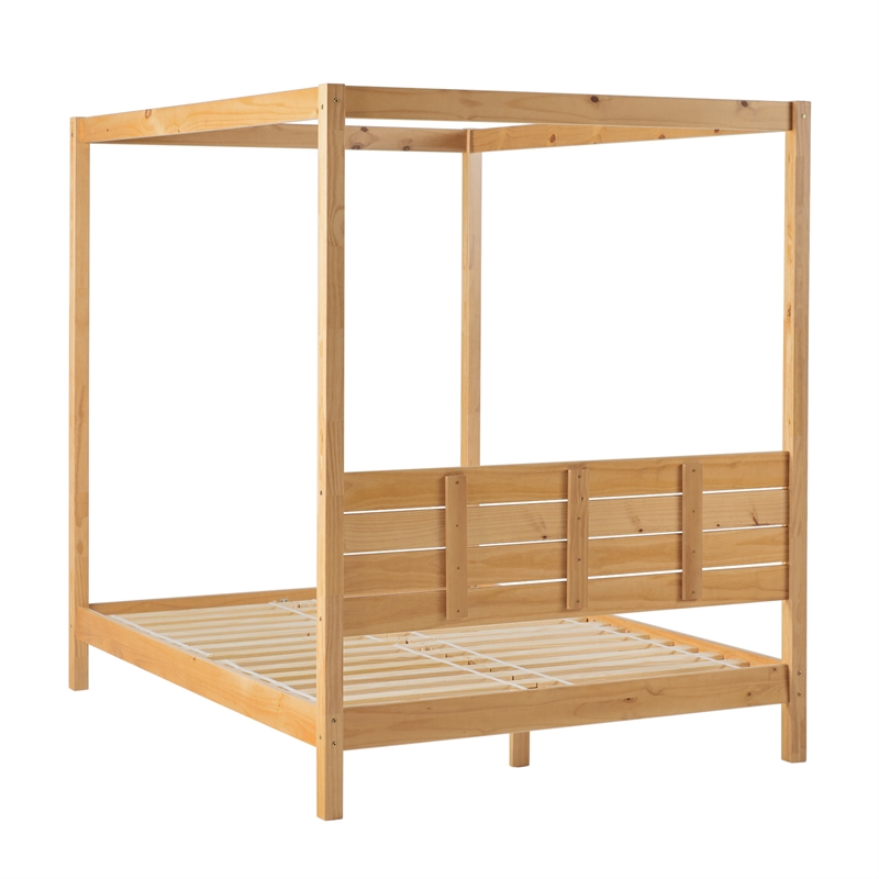 Kingfisher Lane Solid Wood Queen Canopy Bed w/ Simple Headboard - Natural Pine