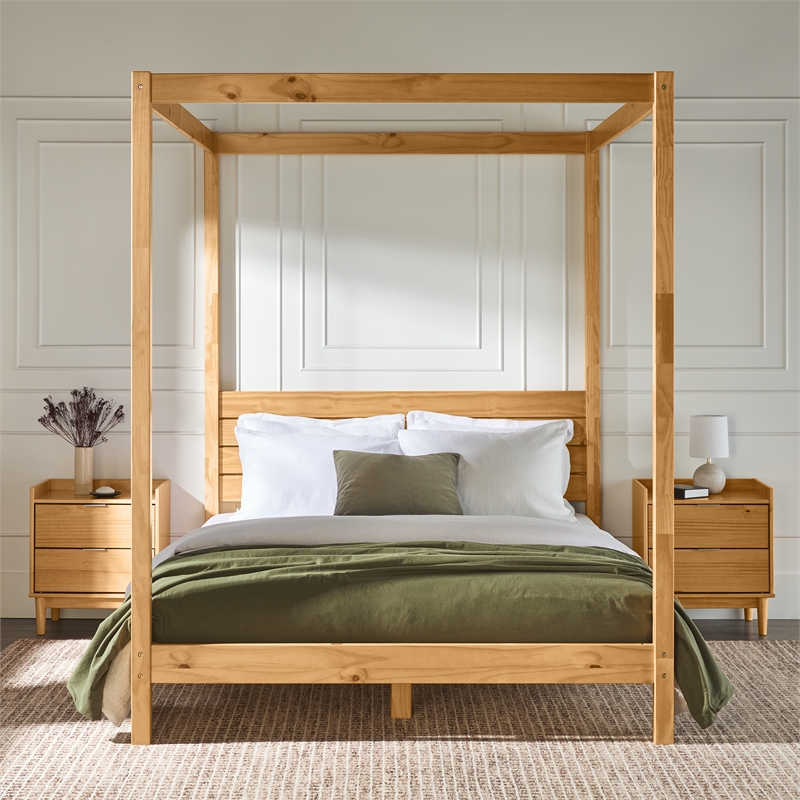 Kingfisher Lane Solid Wood Queen Canopy Bed w/ Simple Headboard - Natural Pine