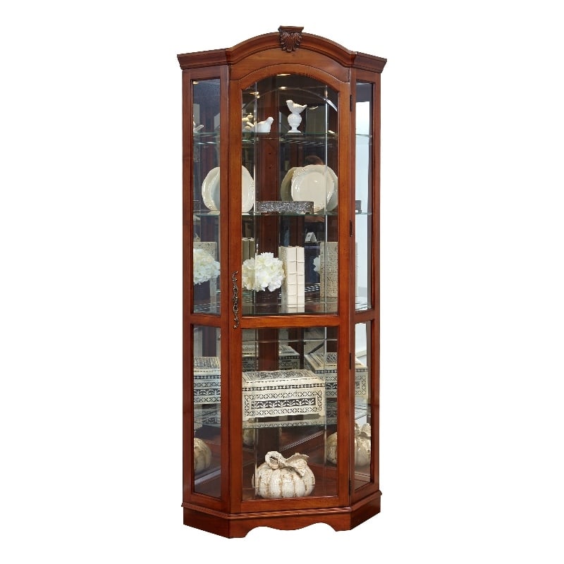 Kingfisher Lane Hardwood Corner Curio Cabinet in Brown Cherry Finish