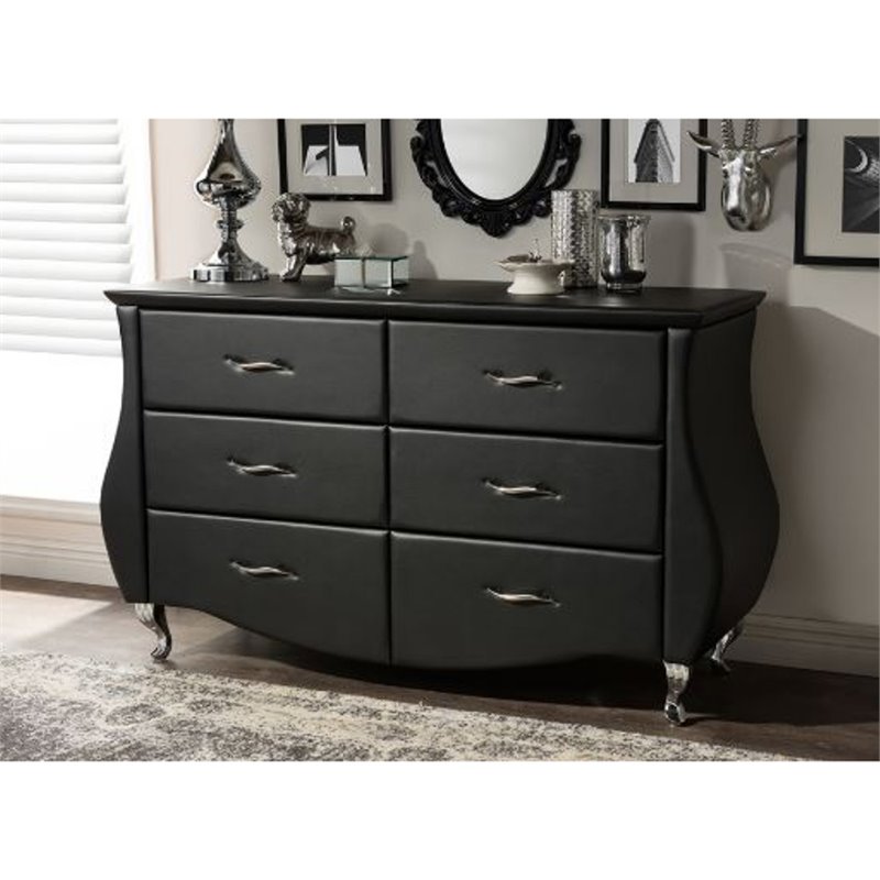 Kingfisher Lane 6-Drawer Faux Leather Double Dresser in Black