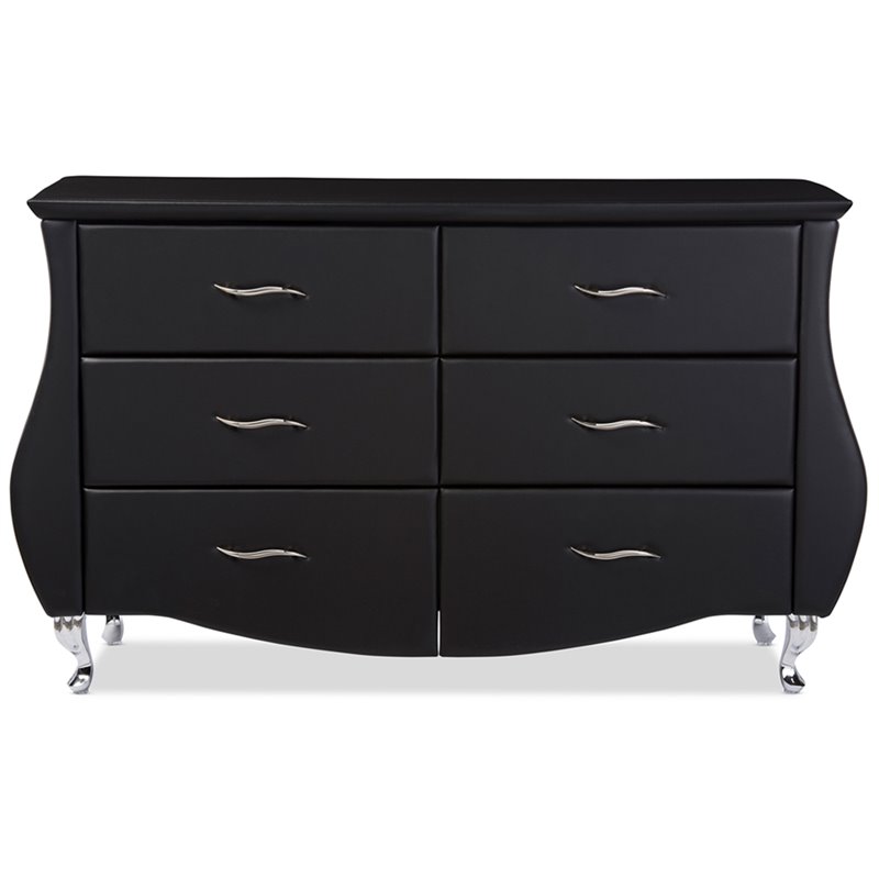 Kingfisher Lane 6-Drawer Faux Leather Double Dresser in Black