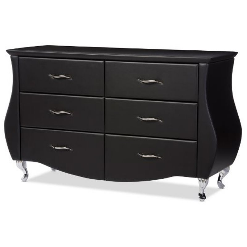 Kingfisher Lane 6-Drawer Faux Leather Double Dresser in Black