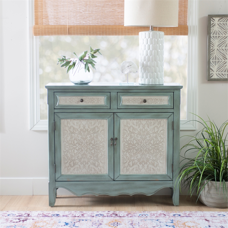Kingfisher Lane Slim Console Cabinet in Antique Blue with White Panels