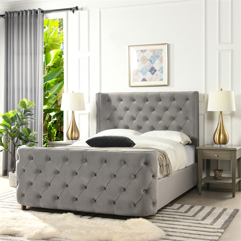 Kingfisher Lane Queen Tufted Velvet Wingback Bed in Opal Grey