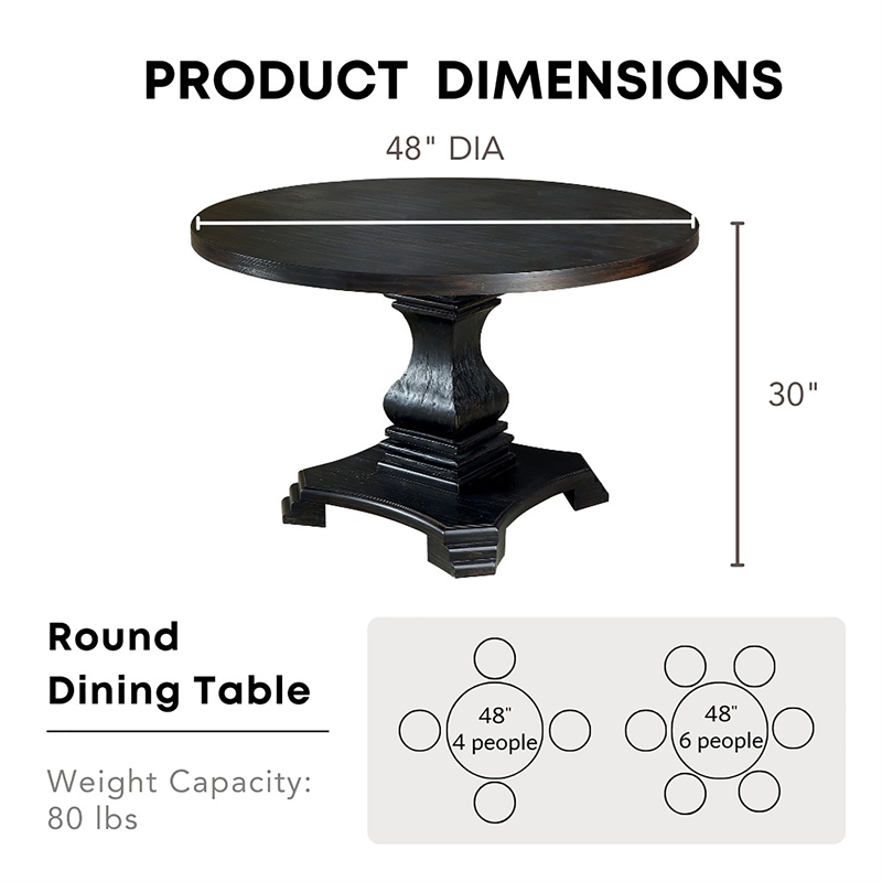Kingfisher Lane Solid Wood Round Pedestal Dining Table in Antique Black