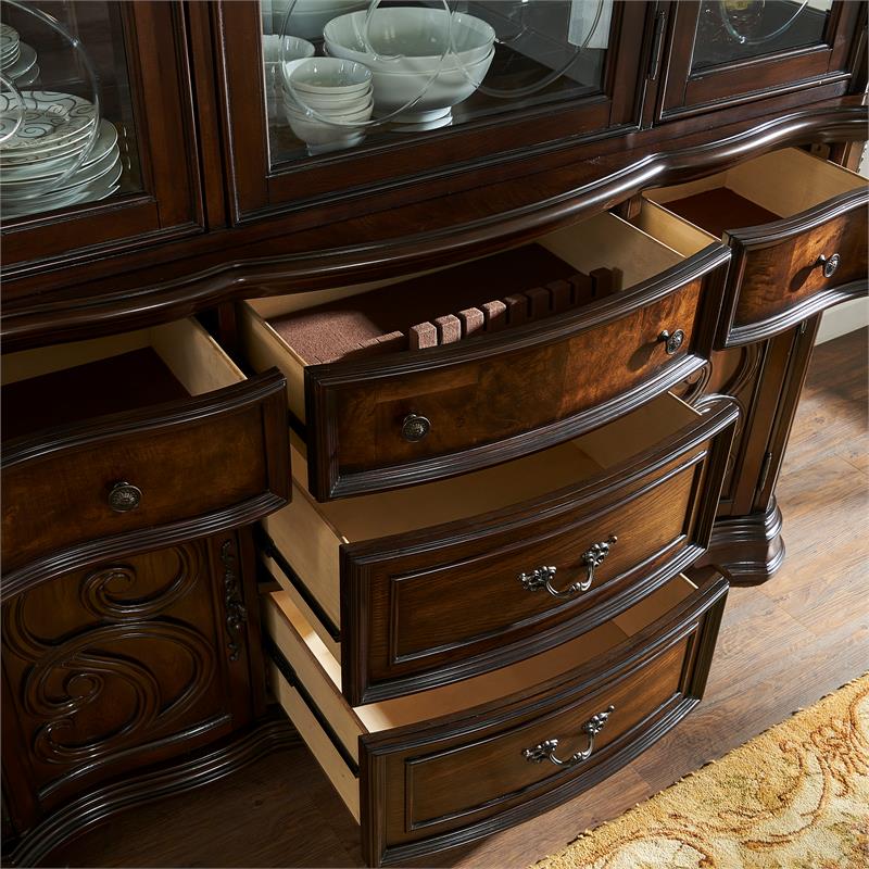 Kingfisher Lane Warm Pecan Buffet and Hutch with Glass Shelving