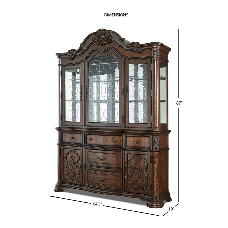 Kingfisher Lane Warm Pecan Buffet and Hutch with Glass Shelving