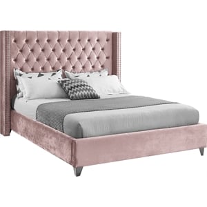 Kingfisher Lane Contemporary Tufted Pink Velvet Wingback King Bed Frame