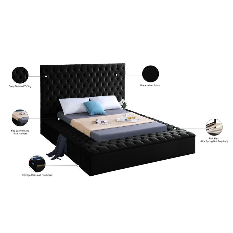 Kingfisher Lane Tufted Black Velvet King Bed with Storage Rails