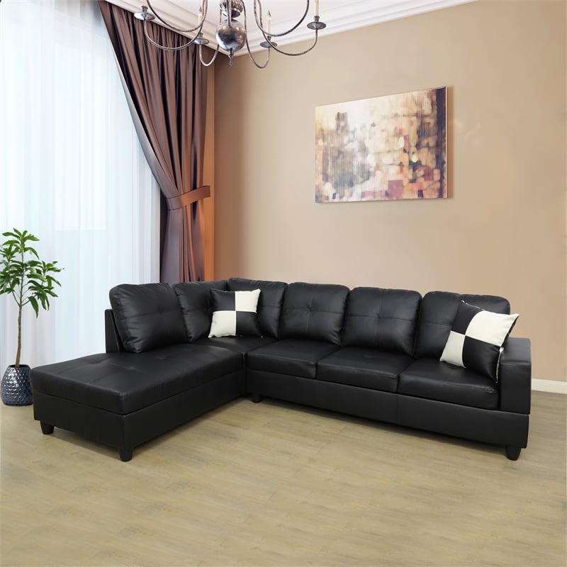 Kingfisher Lane Left-Facing Faux Leather Sectional Sofa in Black