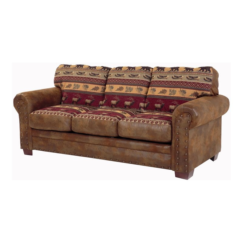 Kingfisher Lane Microfiber Lodge-Style Sofa in Brown with Nailheads