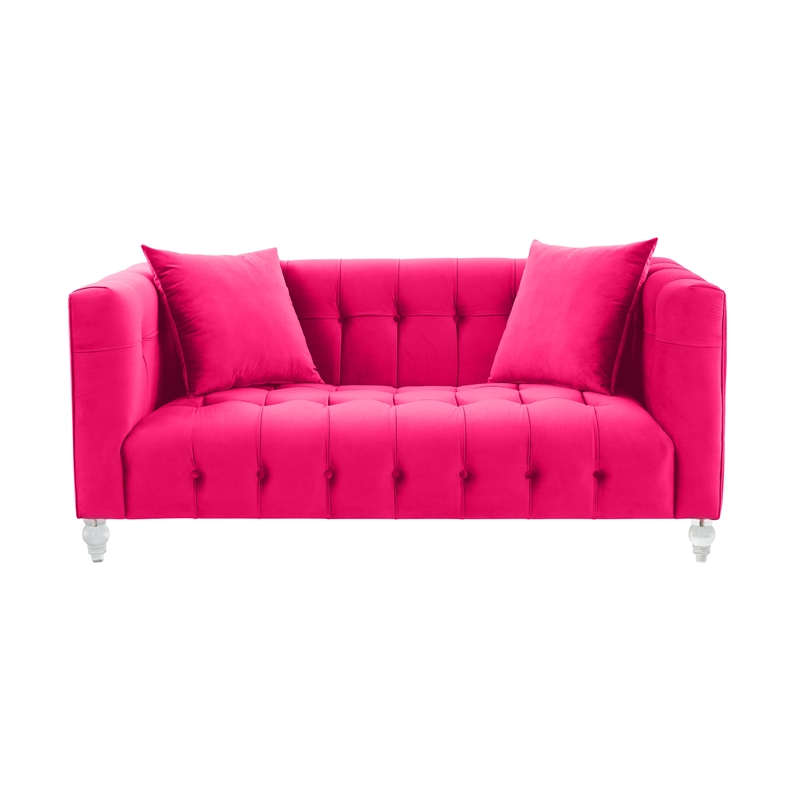 Kingfisher Lane Hot Pink Velvet Tufted Loveseat with Lucite Legs