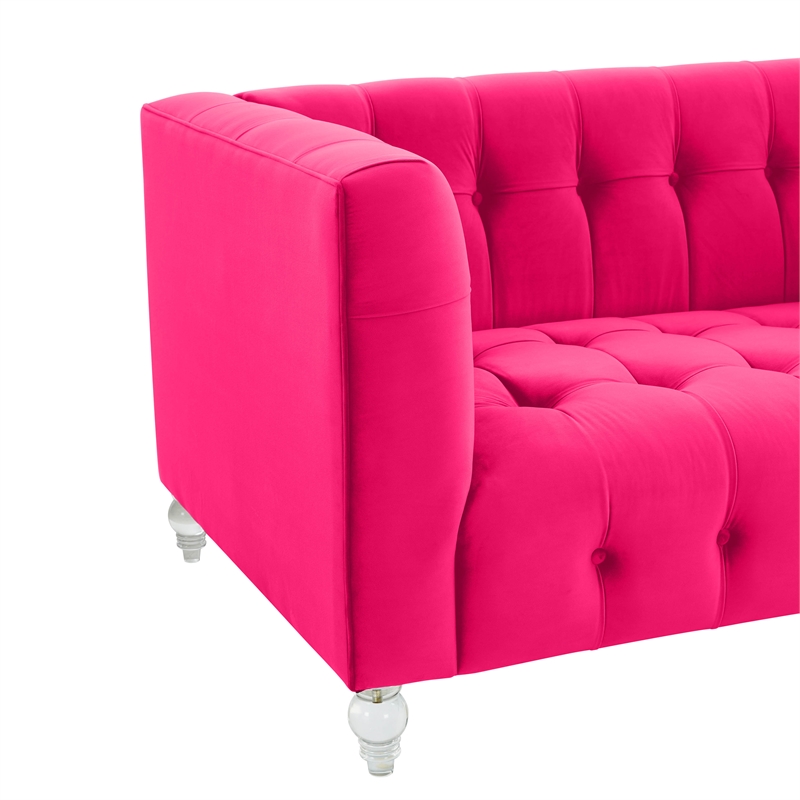 Kingfisher Lane Hot Pink Velvet Tufted Loveseat with Lucite Legs