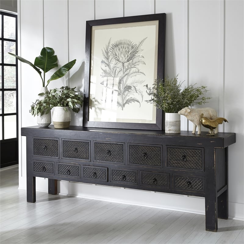 Kingfisher Lane 11-Drawer Reclaimed Pine Console Table in Black