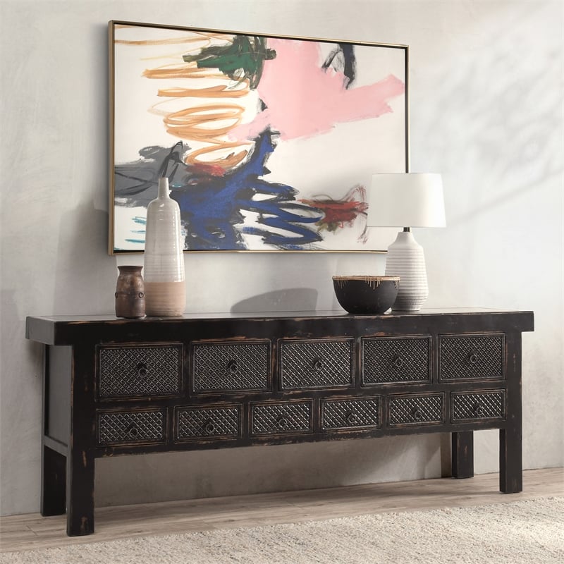 Kingfisher Lane 11-Drawer Reclaimed Pine Console Table in Black
