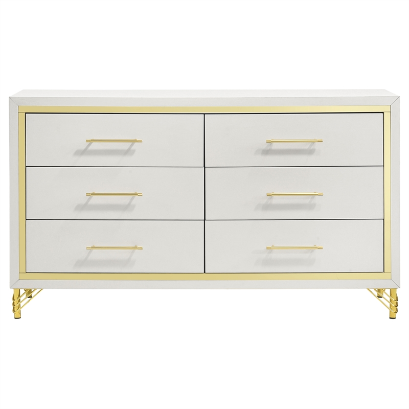 Kingfisher Lane 6-Drawer Modern Glam Dresser in White with Gold Trim