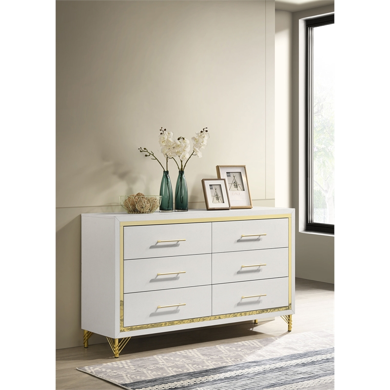 Kingfisher Lane 6-Drawer Modern Glam Dresser in White with Gold Trim