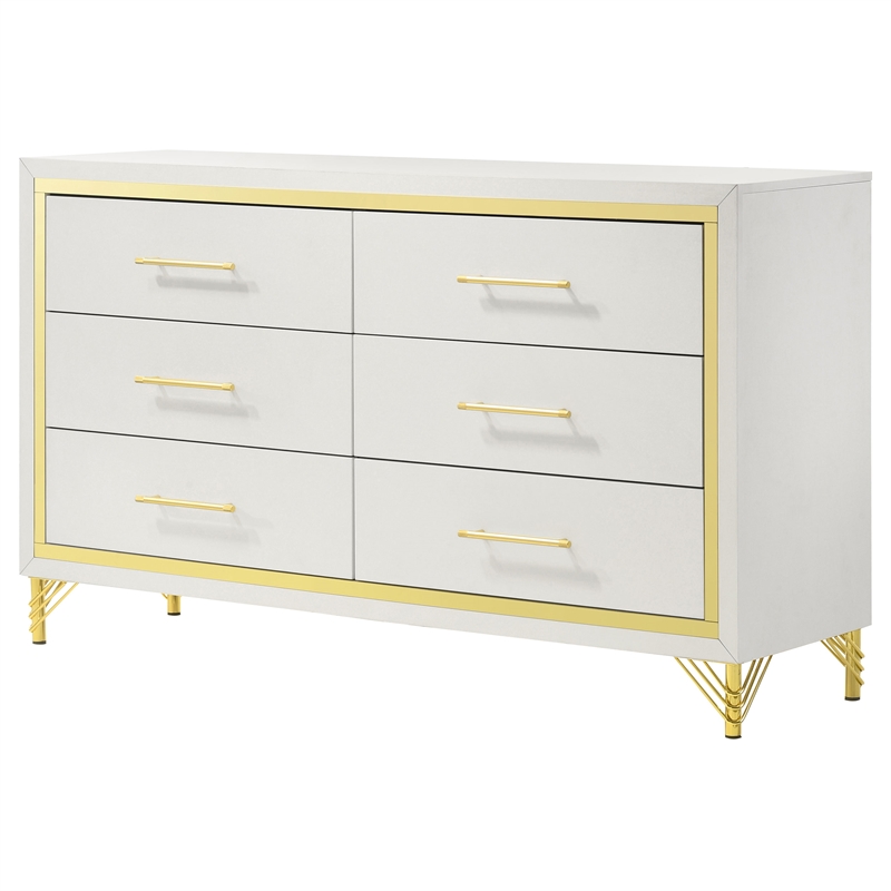 Kingfisher Lane 6-Drawer Modern Glam Dresser in White with Gold Trim