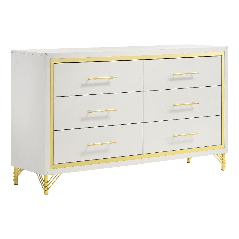 Kingfisher Lane 6-Drawer Modern Glam Dresser in White with Gold Trim