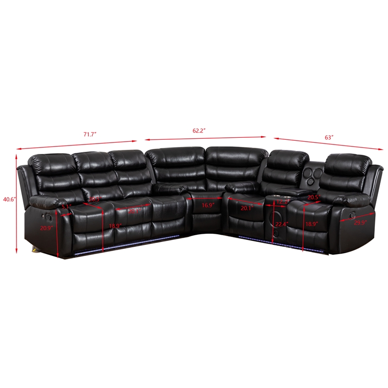 Kingfisher Lane Reclining Sectional Sofa with LED USB Storage in Black