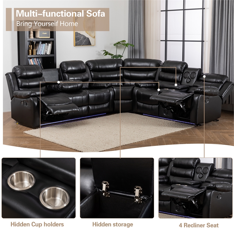 Kingfisher Lane Reclining Sectional Sofa with LED USB Storage in Black