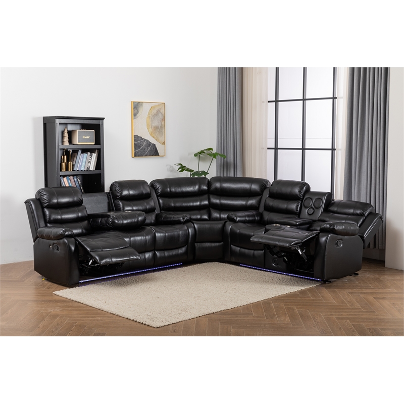 Kingfisher Lane Reclining Sectional Sofa with LED USB Storage in Black