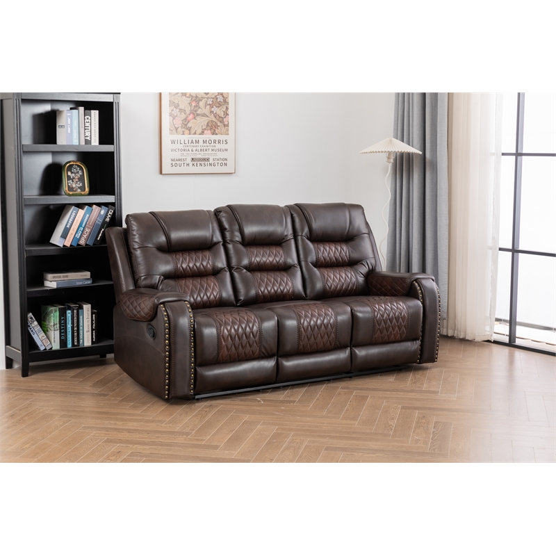 Kingfisher Lane Two-Tone Faux Leather Reclining Sofa in Brown