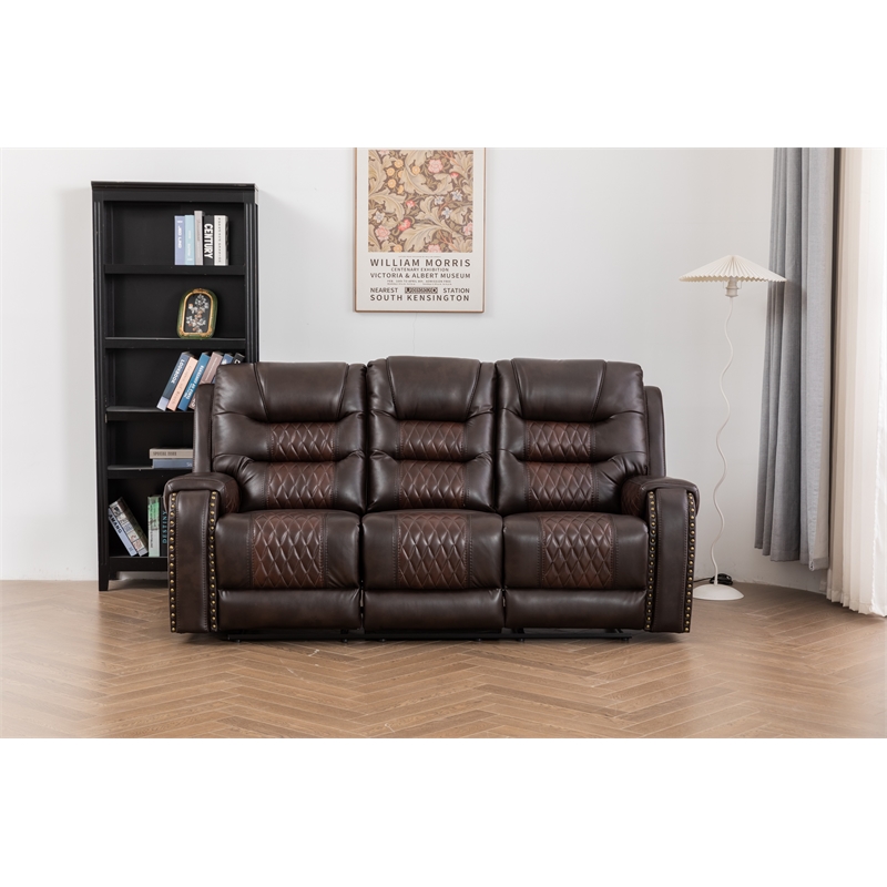 Kingfisher Lane Two-Tone Faux Leather Reclining Sofa in Brown