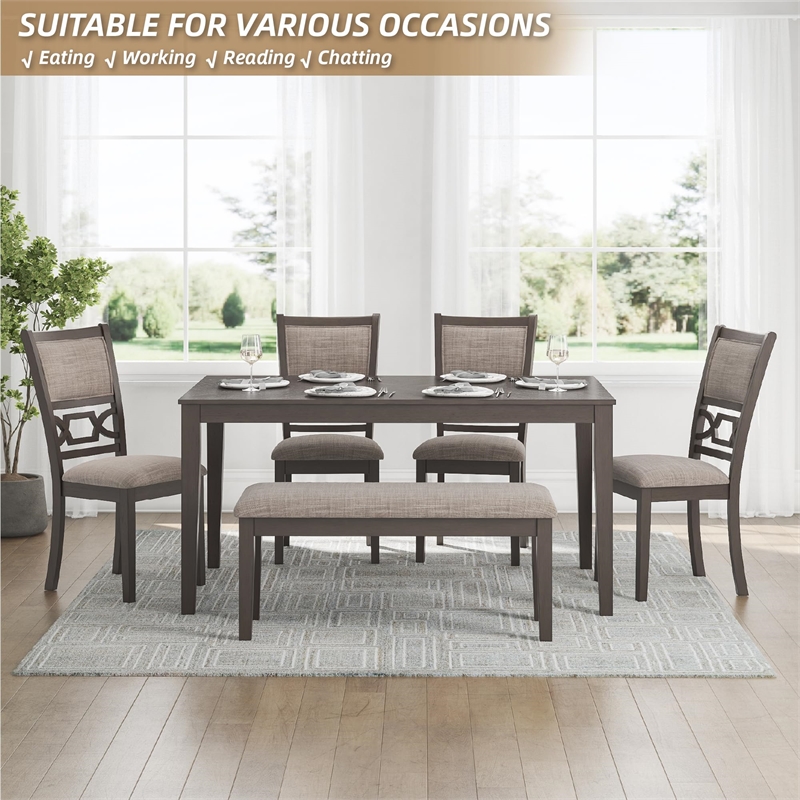 Kingfisher Lane 6-Piece Dining Set with Bench in Light Gray Upholstered