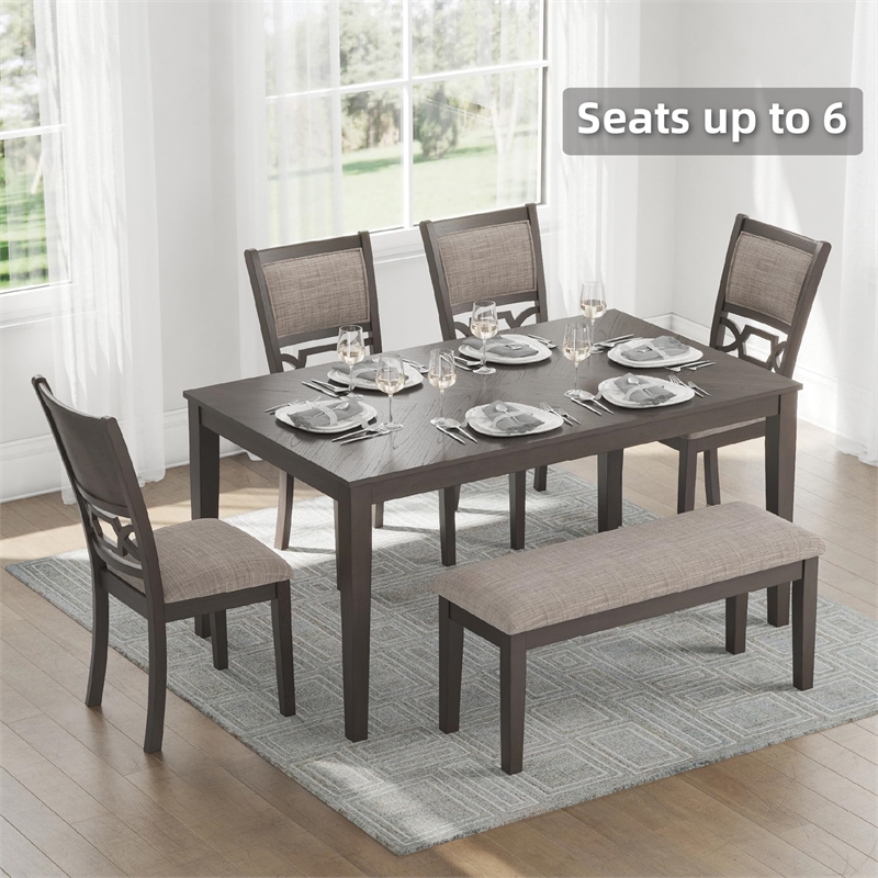 Kingfisher Lane 6-Piece Dining Set with Bench in Light Gray Upholstered