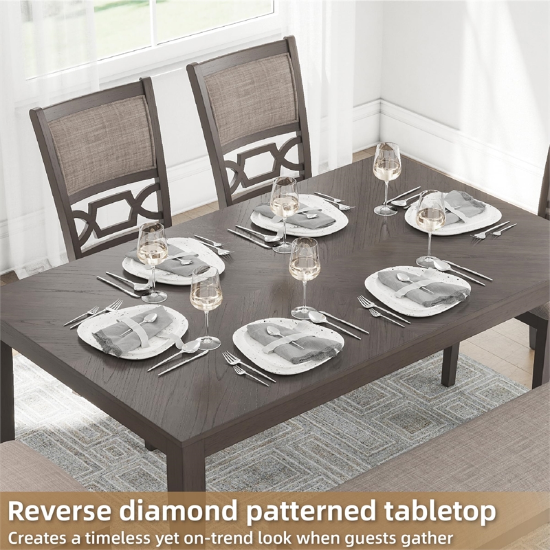 Kingfisher Lane 6-Piece Dining Set with Bench in Light Gray Upholstered