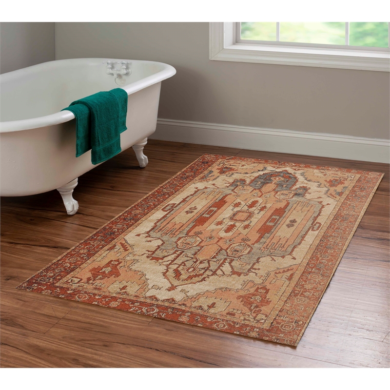 Laysan Home Traditional Machine Made Polyester 3'x5' Rug in Ivory and Rust