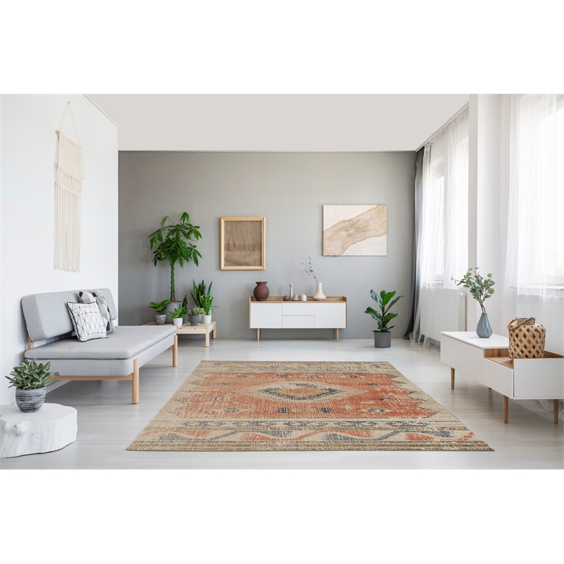 Laysan Home Traditional Machine Made Polyester 8'x10' Rug in Ivory and Rust