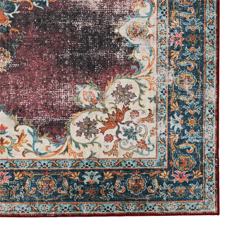 Laysan Home Transitional Washable Polyester 2'x3' Rug in Ivory and Burgundy