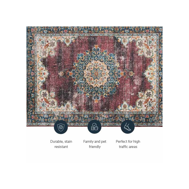 Laysan Home Transitional Washable Polyester 2'x3' Rug in Ivory and Burgundy