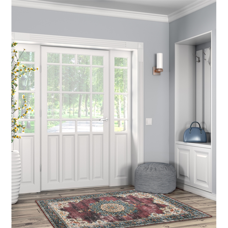 Laysan Home Transitional Washable Polyester 3'x5' Rug in Ivory and Burgundy