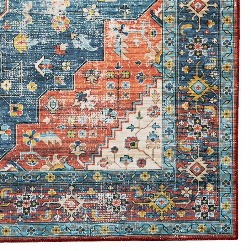 Laysan Home Transitional Washable Polyester 2'x3' Rug in Teal Blue and Rust