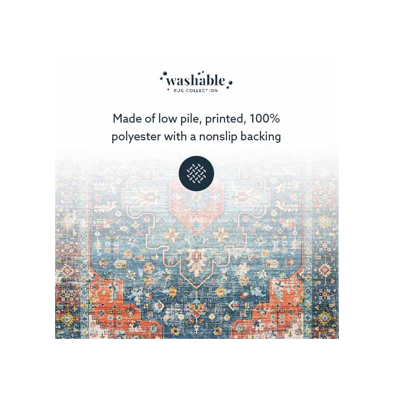 Laysan Home Transitional Washable Polyester 2'x3' Rug in Teal Blue and Rust