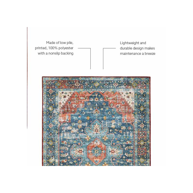 Laysan Home Transitional Washable Polyester 2'x3' Rug in Teal Blue and Rust