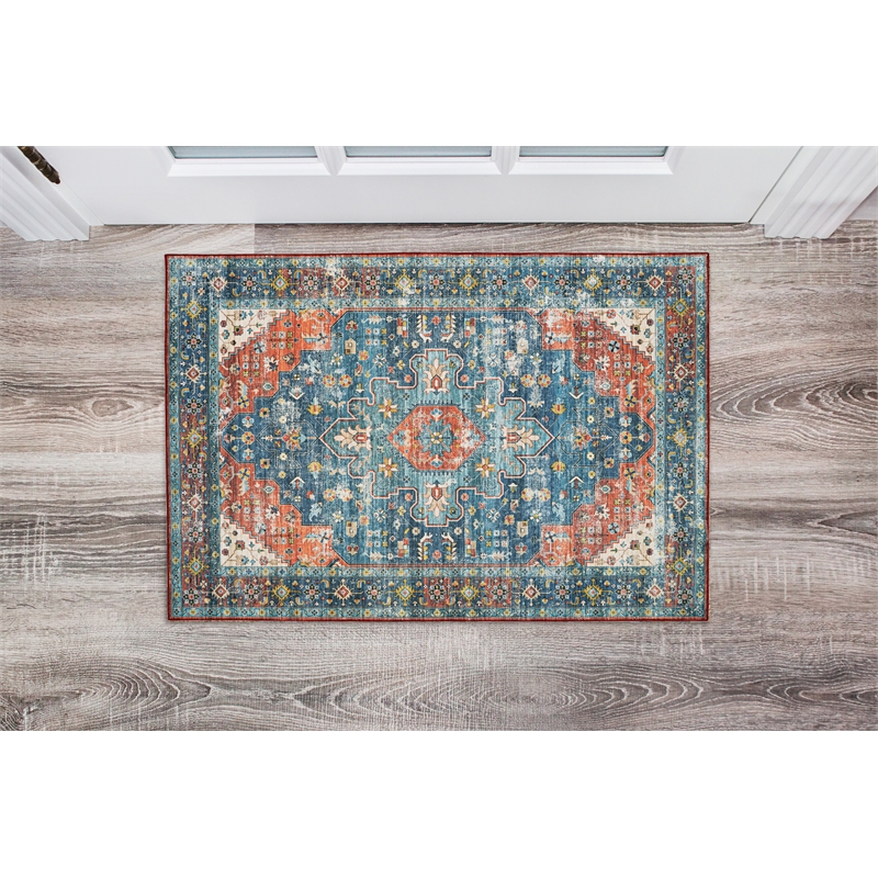 Laysan Home Transitional Washable Polyester 2'x3' Rug in Teal Blue and Rust