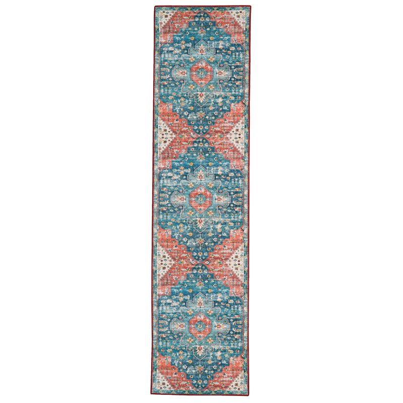 Laysan Home Transitional Washable Polyester 2'x8' Rug in Teal Blue and Rust
