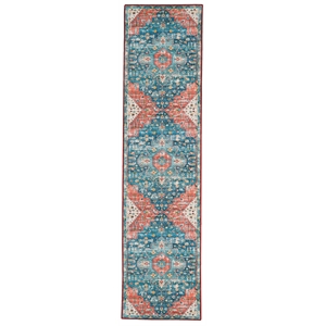 Laysan Home Transitional Washable Polyester 2'x8' Rug in Teal Blue and Rust
