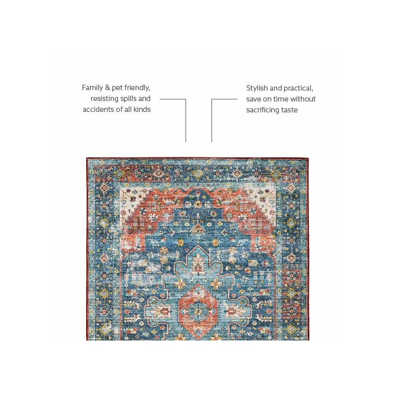 Laysan Home Transitional Washable Polyester 2'x8' Rug in Teal Blue and Rust