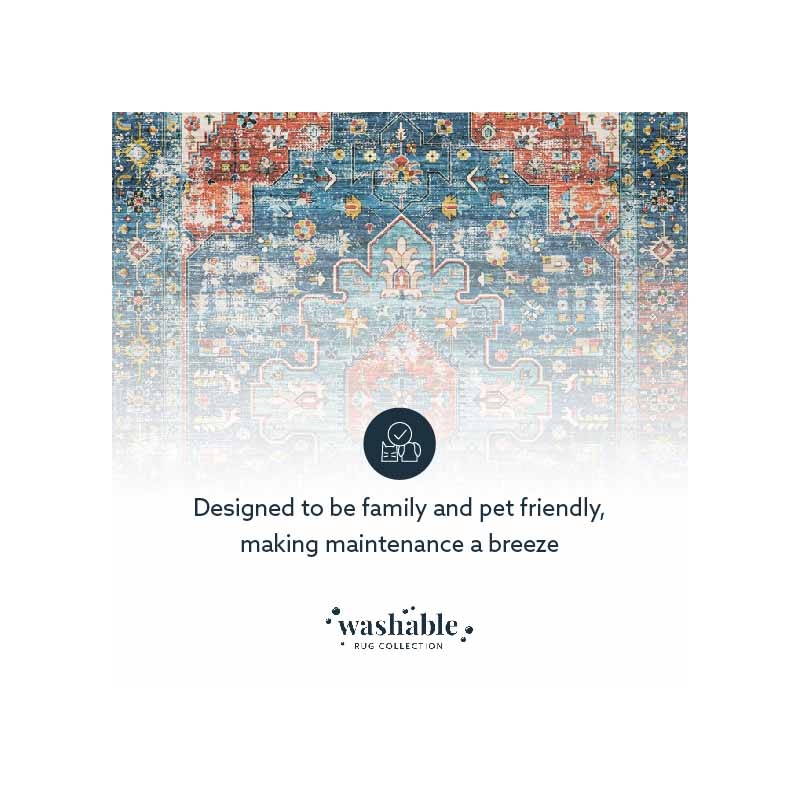 Laysan Home Transitional Washable Polyester 3'x5' Rug in Teal Blue and Rust