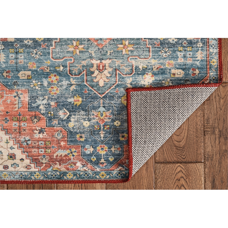 Laysan Home Transitional Washable Polyester 3'x5' Rug in Teal Blue and Rust