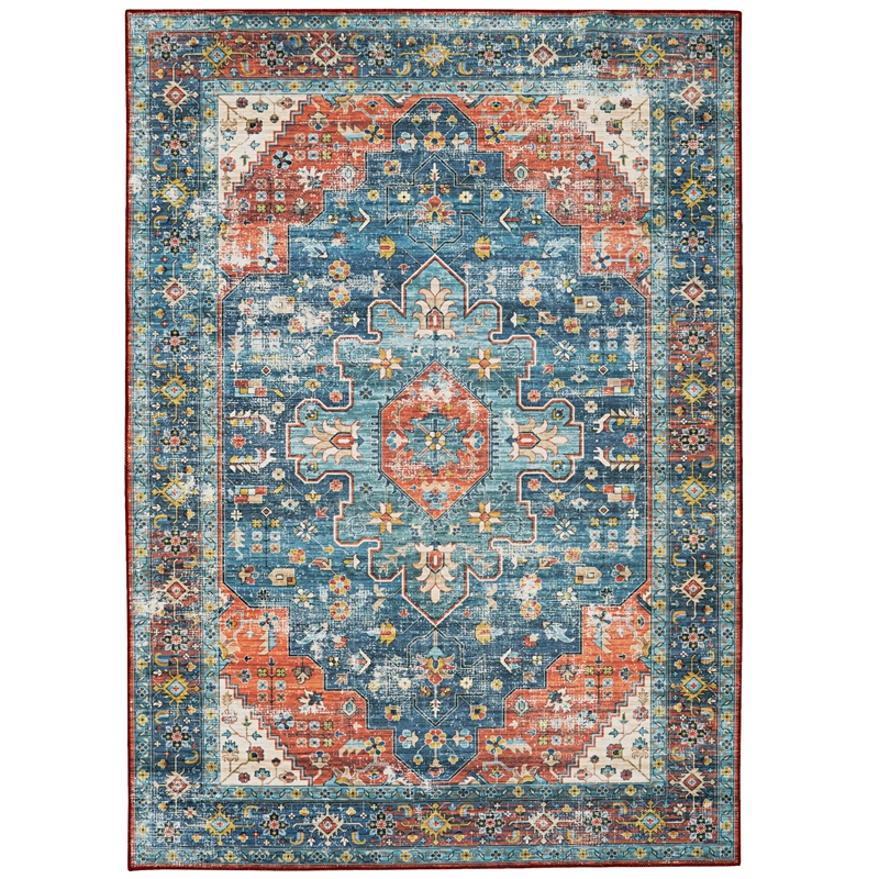 Laysan Home Transitional Washable Polyester 3'x5' Rug in Teal Blue and Rust
