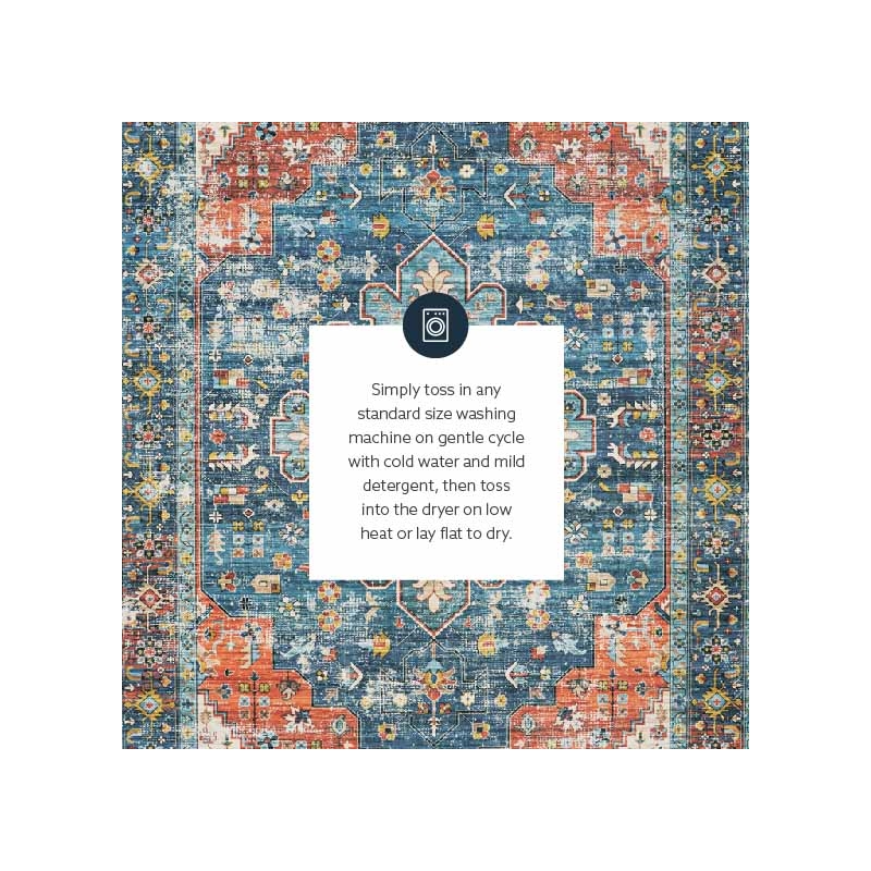Laysan Home Transitional Washable Polyester 3'x5' Rug in Teal Blue and Rust