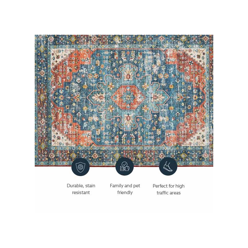 Laysan Home Transitional Washable Polyester 3'x5' Rug in Teal Blue and Rust