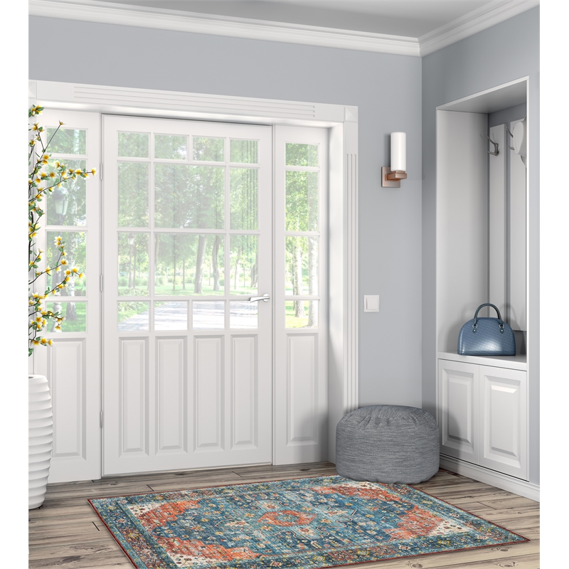 Laysan Home Transitional Washable Polyester 3'x5' Rug in Teal Blue and Rust