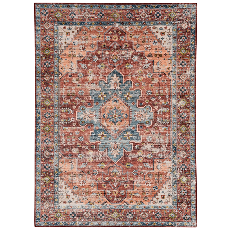 Laysan Home Transitional Washable Polyester 5'x7' Rug in Rust Orange and Ivory